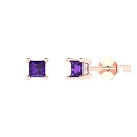 0.6 ct Princess Cut Solitaire VVS1 Natural Purple Amethyst Pair of Stud Earrings 18K Pink Rose Gold Butterfly Push Back
