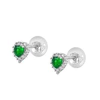 Little Girls 14K White Gold Simulated Birthstone Silicone Back Heart Shaped Earrings