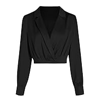 Women's Elegant Satin Wrap Crop Tops Long Sleeve Silk Shirt with Half Zipper