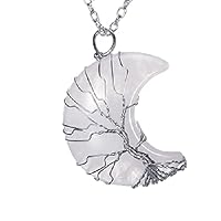Natural Clear Quartz Gemstone Tree of Life Crystal Pendant With Moon Shape For Men & Women Charm
