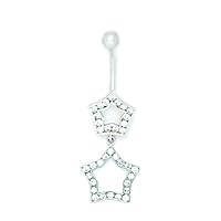 14k White Gold CZ 14 Gauge Dangling 2 Star Drop Body Jewelry Belly Ring Measures 41x14mm Jewelry Gifts for Women