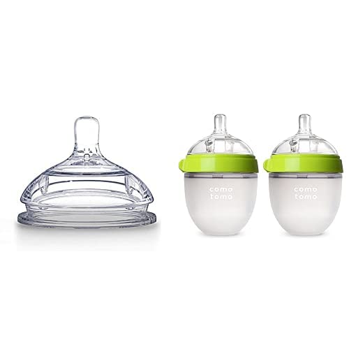 Comotomo Baby Essential Bundle Silicone Replacement Nipple, Medium Flow, 3-6 Months and Baby Bottle, Green, 8 oz