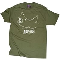 Jaws Distressed (Worn Looking) Classic Movie Shark Olive T-Shirt, XXL