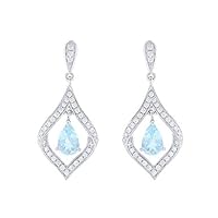 1 CT Pear Cut Created Aquamarine & Diamond Dangle Earrings 14k White Gold Finish
