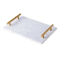 White Marble Tray with Gold Handle, Breakfast Serving Tray, Rectangle Decorative Perfume Tray, (White Marble)