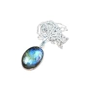 925 Sterling Silver Genuine Oval Blue Fire Labradorite Gemstone Pendant With 20inch Chain Handmade Jewelry