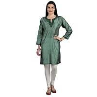 Plain Long Kurti from Kashmir with Ari Hand-Embroidery on Neck - Silk