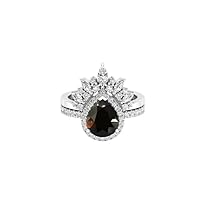 Pear 8X5mm 1.00 CT Natural Black Onyx Engagement Ring, Beautiful 2PCS Wedding Ring Set For Bride, Black Teardrop stone Ring set, Ring For Birthday
