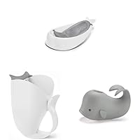 Baby Bath Time Essentials; 3 Stage Smart Sling Moby Tub White, Tear-Free Rinser Cup Moby White, Bath Spout Cover Grey Universal Fit