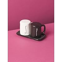 Rae Dunn By Magenta 3 Piece S & P Mug Shaped Ceramic LL White Salt & Black Pepper Shakers With Black Ceramic Tray