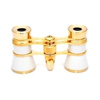 3x25 White Opera Glasses with Red Reading LED Flashlight / Theater Binoculars / with Gold Trim