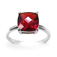R90808R Classic Style Ruby Red Helenite Cushion Cut 8mm (1.6Ct) Sterling Silver Ring
