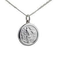 British Jewellery Workshops Silver 20mm round St Christopher Pendant with a 1.3mm wide curb Chain