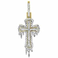 2CT Round Cut Diamond Star Drip Pave Cross Pendant in 14K Yellow Gold Plated