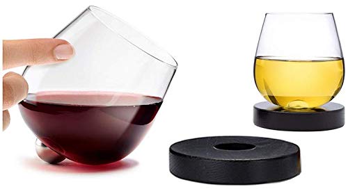 Aura Glass 14oz Stemless Aerating Wine Glasses (Set of 2) - No Spill Spinning Glass Tumblers for Red or White Wines - Includes 2 Wood Oak Coasters,...
