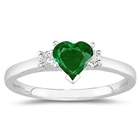 0.10 Cts Diamond & 0.40 Cts of 5 mm AAA Heart Natural Emerald Classic Three Stone Ring in 18K White Gold