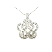 14kt Solid White Gold Finish Genuine White Round Diamond Pave Halo Drop Flower Necklace