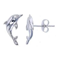 Sterling Silver Rhodium Pave Dancing Dolphin Cubic Zirconia Stud Earring