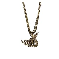 Men Women 925 Italy Gold Finish Iced Snake Ice Out Pendant Stainless Steel Real 2 mm Box Chain Necklace 24 Inches, Mens Jewelry, Iced Pendant, Box Necklace