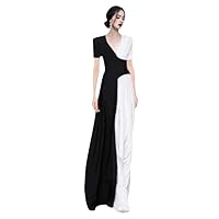 Runway Summer Black White Colorblock Print Long Dress Elegant Women Sexy Deep V Neck Short Sleeve Slim Robe