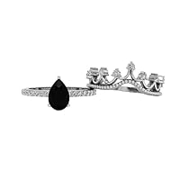 2 Pcs Pear Shaped 1.00 CT Black Onyx Engagement Ring Black Stone Bridal Ring White Gold Black Onyx Wedding Ring Set Black Stone Silver Vintage Rings