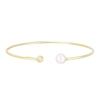 14k Yellow Gold 7mm Freshwater Pearl and .035ct Diamond Open Cuff Stackable Bangle Bracelet Jewelry Gifts for Women