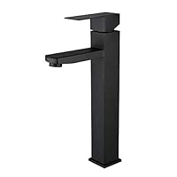 Black Contemporary Square Bathroom Lavatory Vanity Vessel Stainless Steel Tall Sink Faucet Hot and Cold Mixer Taps Plumbing Fixtures Single Hole Bowl Sink