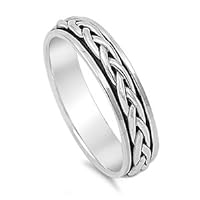 Rhodium Plated 925 Sterling Silver Unisex Oxidized Celtic Braid Fidget Spinner Anxiety Relief Ring (Size 7-13)
