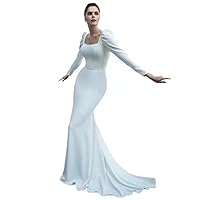 Mermaid Long Square Neck Wedding Dresses with Sleeves Sweep Train Button Back Bridal Gown for Women