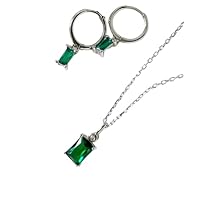 Beautiful Green Emerald Necklace Set, Rectangle Emerald Necklace With Earring, 925 Sterling Silver Jewelry Set