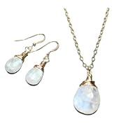 Beautiful Rainbow Moonstone Necklace Set-Pear Moonstone With Earring Jewelry-Christmas necklace Set-Dainty Necklace Jewelry