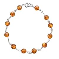 Natural Amber 4.5mm Round Shape Faceted Cut Gemstone Beads 7 Inch Silver Plated Clasp Bracelet For Men, Women. Natural Gemstone Link Bracelet. | Lcbr_00140