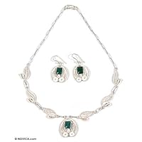 NOVICA Artisan Handmade Chrysocolla Jewelry Set Silver Necklace Earrings Green Sterling Peru Link Pendant Filigree 'Leaves'