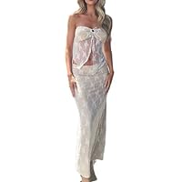Women 2 Piece Maxi Skirt Set Y2k Lace Up Back Tie Up Tank Tops Bodycon Long Skirt Summer Party Club Streetwear