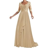 Chiffon Mother of The Bride Dresses with Sleeve Lace Applique A-Line Long Formal Evening Dress for Wedding Guest