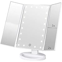 Tri-fold Lighted Vanity Makeup Mirror with 3x/2x/1x Magnification, 21Leds Light and Touch Screen,180 Degree Free Rotation Countertop Travel Cosmetic Mirror (White)