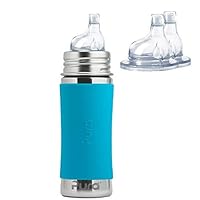 Pura Kiki 11 oz / 325ml Stainless Steel Sippy Cup Bundle w/ 2 Pack of Silicone XL Sipper Spouts & Sleeve, Aqua (Plastic Free, NonToxic Certified, BPA Free)
