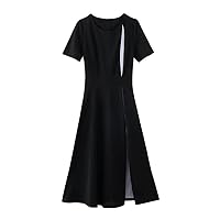 Women's Design Sense Long Dress, Hepburn Style Short Sleeve Black Skirt, Office Dress