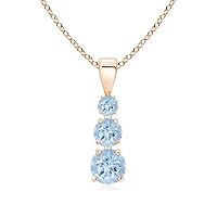 Three Stone 3 MM Round Aquamarine Gemstone 925 Sterling Silver Pendant Necklace Jewelry