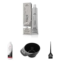 WELLA colorcharm Hair Dye & Coloring Kit, T16 Crème Toner + 10 Vol Cream Developer with Color Mixing Brush & Bowl for Mixing and Application, Great For Professional or At Home DIY Use, 4PC Set