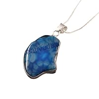925 Sterling Silver Natural Blue Agate Gemstone Simple Pendant Necklace Handmade Jewelry