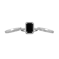 2.50ct. Vintage Emerald Cut Black Onyx Engagement Ring Set 14k White Gold Black Onyx Wedding Ring Set 3pc Bridal Ring Set Anniversary Ring Set