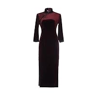 Women's Velvet Long Cheongsam Qipao 3/4 Sleeve Mandarin Solid Maxi Chinese Traditional Dress