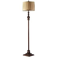 Floor Lamp Nordic Retro Dimmable Dark Brown Imitation Wooden Resin Carving Painted Square Base Pleated Fabric Shade LED Standing Lamp 1.6M for Living Room Bedroom Office Reading