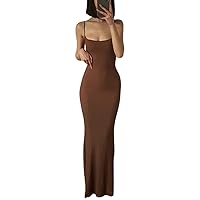 Woxlica Women's Casual Lounge Slip Long Dress Sleeveless Bodycon Maxi Dresses Solid Color
