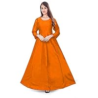 Women's Long Dress Solid Poly Silk Tunic Wedding Wear Kurti Orange Maxi Gown Plus Size (Small)