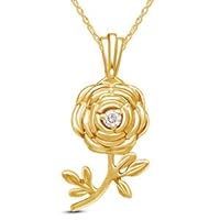 Diamond Accent Rose Flower Pendant Necklace 14K Yellow Gold Plated Sterling 18