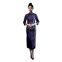 Silk Brocade Cheongsam Slim Blue Evening Dress 3607