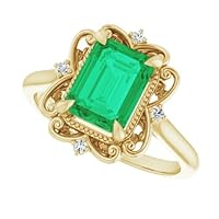 1 CT Vintage Inspired Emerald Cut Emerald Ring 14K Yellow Gold, Victorian Genuine Emerald Diamond Ring, Filigree Green Emerald Engagement Ring, Dress Matching Rings
