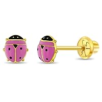 14k Yellow Gold 5mm Colorful Enamel Ladybug Screw Back Earrings for Young Girls - Cute Stud Earrings for Children with Safety Screw Back Locking for Babies, Toddlers & Little Girls
